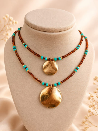 Dupla Choker Caramelo & Turquesa com Chapas Douradas